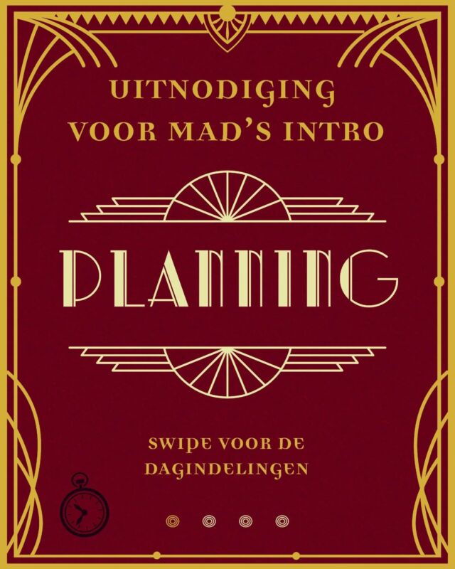 ‼️Eerstejaars opgelet‼️ Intro planning alert ‼️
📚 Case file #1 geopend…
Drie dagen lang wijzen ouderejaars jou de weg door de kennismaking, de creatieve workshops en de Murder Mystery heen met een flinke dosis sfeer uit de roaring twenties. Elke dag brengt nieuwe technieken, benodigdheden, aanwijzingen(?), onverwachte wendingen en vooral veel gezelligheid met je studiegenoten. 🖤🔍
🗓️ Dag 1 – woensdag 27 augustus | 📍HU & Kapitaal
🔸 Kennismaking CMD
🔸 Gezamenlijke lunch
🔸 Eerste workshop ronde (zorg dat je géén clues mist!)
🗓️ Dag 2 – donderdag 28 augustus | 📍HU & Kapitaal
🔸 CMD studiestart
🔸 Gezamenlijke lunch
🔸 Tweede workshop ronde (zorg dat je géén clues mist!)
🗓️ Dag 3 – vrijdag 29 augustus | 📍Park Paardenveld, Utrecht & Kapitaal
🔸 MAD's teambuilding
🔸 Murder Mystery speurtocht door Utrecht
🔸 Laatste opdracht
🔸 Gezamenlijk diner
🔸 Prijsuitreikingen
🔸 Afsluitfeest
🕵️♂️ Houd je vergrootglas en je outfit gereed. Weet jij de moord op te lossen en prijs te winnen 🏆 Of eindigt de zaak als 'cold case'.... ❄️